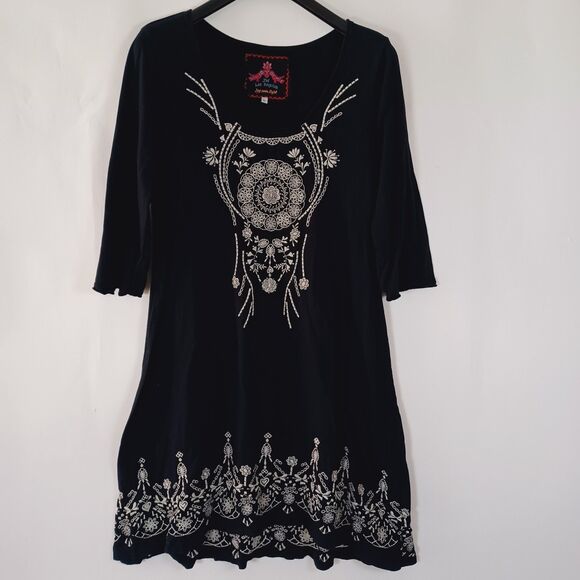 Johnny Was JWLA Dress Large Embroidered Stretch Boho Hippie Vntg Dreamcatcher - Picture 1 of 6